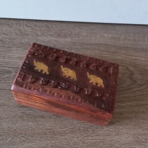 ANTIQUE Brass and Wood Box Elephants Trinket Jewelry 5"